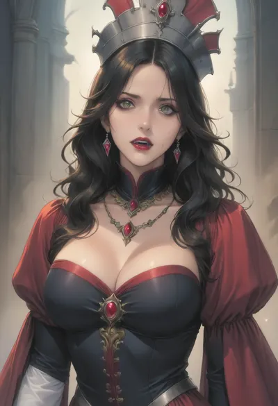 (Fool's art style), (ai_generated anime_style:1.4), official art, anime style, hard_outline, strong_outline, clear black outline, sexy pose, mature woman, beautiful girl drawn in anime style, dramatic gothic horror portrait, (vampire queen in elaborate medieval-style costume:1.4), . She wears an ornate headdress adorned with emerald green stones and coral gems, complemented by matching layered necklaces and arm cuffs. She's pale skin contrasts with dark eye makeup and, (bloody vampire fangs:1.4), . close-up shot with moody side lighting against a dark background, sinister supernatural atmosphere. She wears a red bodice with ornate green and gold trim, (blood spatter on face and clothes:1.2), overall, (color palette emphasizes dark tones with rich emerald green and deep red accents:1), perfect fingers, style anime, inspired illustration, style oda_non, style homare, looking at viewer, dynamic camera, hard shadows, backlite, tight shot, face focus, <lora:cartoon_stickers_xl_v1:.8>, <lora:AnimatedNightmaresStyle:.8>, <lora:style61-a31-000015:2>, <lora:EnvyStylizedXL01:1.2>