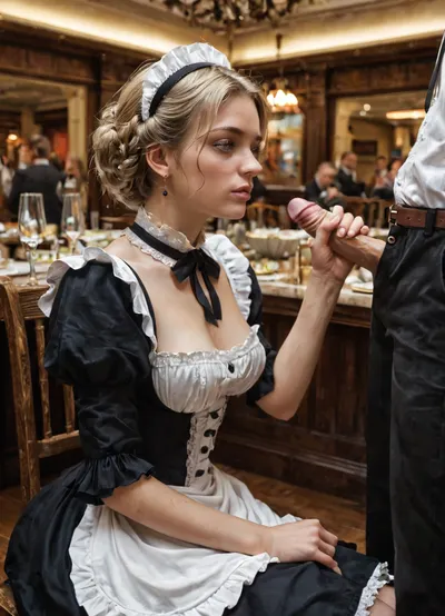 19th centure, 19th centure crowded restaurant, Victorian England interior of a restaurant, close-up view, maximum detailed, 1woman 1man, handsjob, woman is on her knees, woman is leaning forward towards a mans cock, man is sitting on a chair in front of her. man's legs are spread wide apart, woman is adult 30 yo, woman dressed like a Victorian England maid, her dress unbuttoned on breasts, her breasts exposed, woman is blonde, short ban hair, maids band on head, woman is tired and very submissive, man make her gives handsjob, she dont like and dont want give handsjob, woman just obey