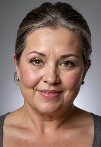 (1 woman), (mature:1.2), milf, gilf, ((brunette hair with gray highlights)), ponytail, (mature 65 year old woman), very realistic, (facial wrinkles:1), perfect light, soft lightning, looking at viewer, (upper body view), (plump lips), ((smiling)), ((bright eyes)), (chubby face:1.5), (blank background), studio lighting