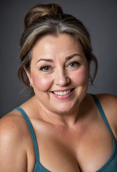 High angle shot, (1 woman), (mature:1.2), milf, gilf, ((brunette hair with gray highlights)), ponytail, (mature 65 year old woman), very realistic, (facial wrinkles:1), perfect light, soft lightning, looking at viewer, (upper body view), (plump lips), ((smiling)), ((bright eyes)), (chubby face:1.5), (blank background), studio lighting
