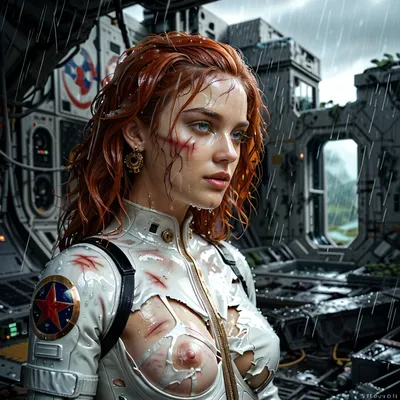 Elegant redhead, alone, white latex astronaut suit with gold trim, torn clothes, raining, wet body, wet hair, one breast exposed, scratches, fantastic jungles, bio-energy projector, alien strange landscape, alien artifacts ruins.