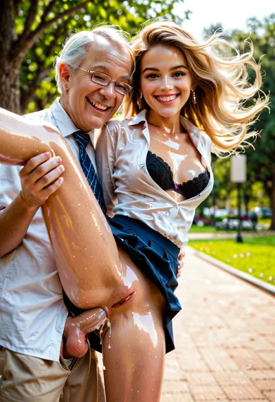 (gorgeous female teacher enjoys standing anal sex, 1 clothed old man), (violent, pounding, anal sex), (in a park), very cute, ((lewd grin)), licking her lips, looking hungrily at the viewer, (laughing), surprised, slim body, (((shiny skin))), silky straight bobbed blonde hair, bouncing hair, absolute natural beauty, elastic and perky breasts, slim body build, very small virgin vagina, (1 leg lifted up), fit body, tiny narrow body, very petite body, tiny hips, skinny thighs, panties pulled aside, sweating, perfect eyes, sweet and adorable face, small white penis, wet vagina, anal cum, lustful facial expression, skirt, open white blouse, bra askew, nipple slip, (perfectly realistic photo, high resolution, insanely detailed, photo quality, bright sunlight)