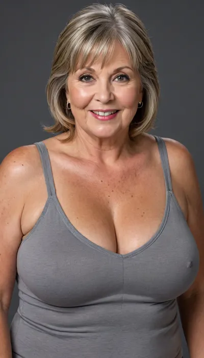 Realistic detailed portrait, (mature:1.2), gilf, short, ((long, dark blonde hair with gray highlights, bangs)), (mature 65 year old woman:1.3), very realistic, (facial wrinkles:1), soft lightning, looking at viewer, (plump lips), ((smiling)), ((bright eyes)), (chubby face:1.5), (blank background), studio lighting, intense seductive eye contact, saggy, wearing loose low-cut sleeveless v-neck spaghetti strap tank top, downblouse, (chubby mature gilf), thick, hard nipples, tan, curvy waist, (stretch marks on breasts)