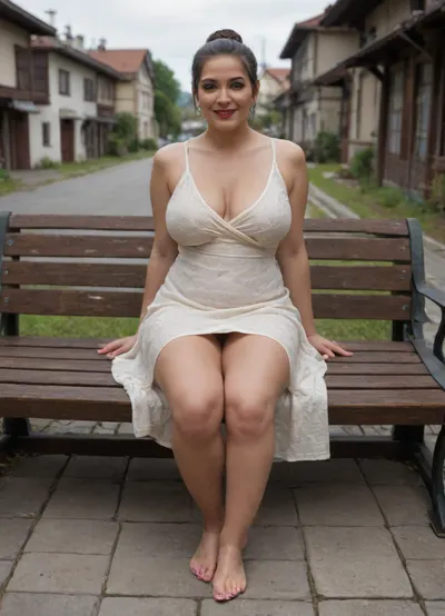 POV, smiling, (focus on legs), beautiful tender, (mature MILF), (round face), slightly overweight, black eyelashes, red lipstick, Finnish MILF in the village, sitting on a bench, MILF has beautiful legs, curvy body, very short black summer sun dress, deep cleavage, (one breast almost fell out), (hairy plump vagina visible under the dress), pink labia, holds the hem, long plump perfect legs, (wide ankles), (barefoot), (casual relaxed pose), makeup, high hills, high hairstyle, dark hair with silver highlights, high detail, 8k, (photorealistic), sits half-turned, (full-length view:1.5), . DetailXL, eyes, perfecteyes