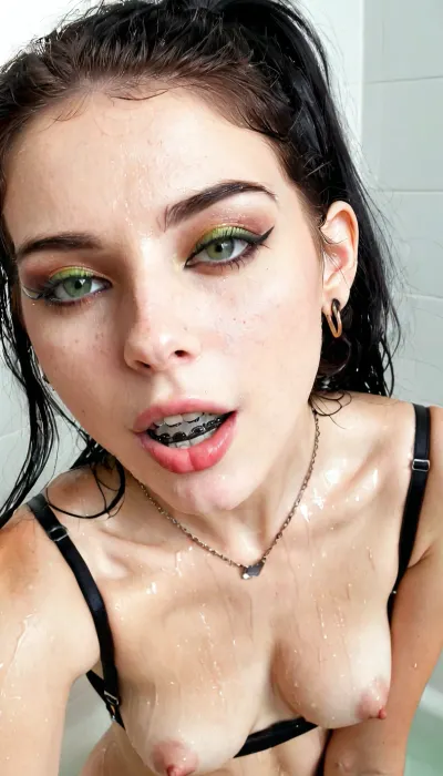 Breathtaking extremely junior very horny 19 year old American Goth girl, medium fake breasts out, athletic body, perfect skinny body sharp nose, smooth silky long hair rectangular face, wide mouth, full lips, dark makeup, black hair and pale skin, tattooed, expensive hairstyle, expensive earrings, beautiful necklace, thin eyes, green eyes, pale skin, freckles, big cheekbones, slim, deep dimples, cute chin, kind eyes, white teeth, detailed faces, Black eyeliner. Heavy bronze eyeshadow. BREAK
realistic eyes. Sultry expression. Tousled, high ponytail. Eye contact, (sultry), confident. Petite, athletic, sweaty. Photorealistic, runny eyeliner, smooth wet pussy, braces, teeth, Kodak Portra 400 color film. Nostalgic, film-grain aesthetic., with an overall underexposure of 1-2 stops to accentuate the darkness and isolation of the environment., <lora:braces-sdxl:1.4>, <lora:SDXL_BetterFaces-LoRA_v1:.8>