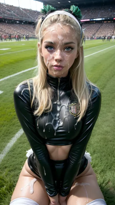 Solo, 1girl, masterpiece, (perfect lighting:1.4), (skinny:1.4), (ultra detailed face:1.4), (ultra high detailed cheerleader outfit:1.4), 8k, (slutty cheerleader outfit in, (black, white, green), , :1.4), (high resolution:1.4), (25 year old cheerleader:1.4), body, 5ft, heavy makeup, blonde hair, blue eyes, tanned skin, hairband, thigh high socks, (tons of cum:1.4), bukkake, American Football field, outside, grass, <lora:more_details:.5>, <lora:Lgirl-v6_500steps:1>, <lora:facialized:.5>, <lora:cum_b1:.5>, <lora:bukkake_v0.4:1>