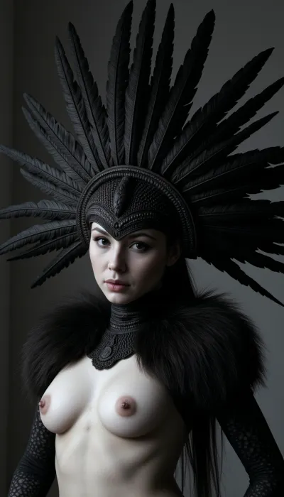 (old woman:1), detailed eyes, evil, muscular, cyber, Aztec, God. detailed large black feathered headdress, very large wide headdress with tall feathers, (black feather length:1.5), detailed shoulder length collar, looking at viewer, dark art style, side head portrait, close up, (black and white ratio:1.3)