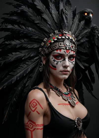 (old woman:1), evil, muscular, cyber, Aztec, God. detailed large black feathered headdress, black rags, glowing jewellery, cyber body paint, standing in a dark narrow cave passage, looking at viewer, (full face paint), (black feather length), dark art style, highly detailed, (headdress portrait), (black and red ratio), (red neon glow, embers), gray eyes, perfecteyes