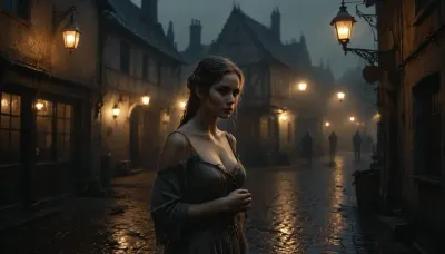 The picture has a frightening atmosphere, a small medieval town, cobblestone streets, oil lamps as street lighting, night and heavy rain, mud, 100% humidity, a dark dive from the outside, warm light coming in, a slim, pretty woman in rags showing secretly her tits in front of the pub offering her services as a prostitute, Black, and, white, art, black, shading, charcoal, toned, brutal, dark, b/w, color, scheme, elven, architecture, <lora:Black and white art.V1:1.2>, <lora:EnvyElvishArchitectureXL01:.6>, <lora:MJ52:.8>