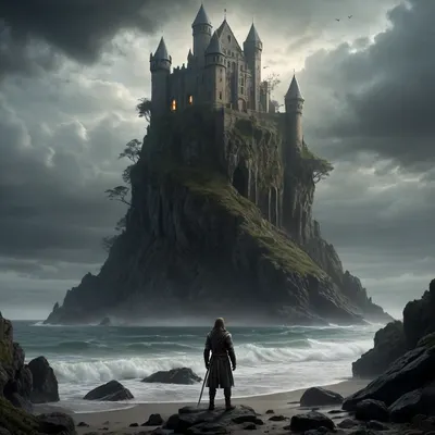 The action takes place on the ocean shore with vegetation in the style of a gloomy fantasy dystopia with a very detailed and atmospheric environment. The world is magically infected with glowing anomalies, perverted nature, and remnants of vanished civilizations. The lighting is unnatural, casting eerie shadows. The art style combines elements of medieval fantasy.