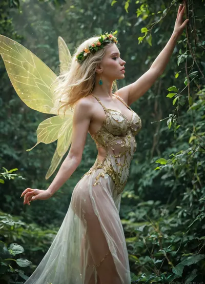 score_9, score_8_up, score_7_up, A young, (((woman))), with light skin and appearing to be in her early twenties, is depicted as a, (((fairy))), . Positioned slightly to the left of center, her body faces the viewer while her head is turned in profile view., ((Long, flowing, light-blond hair)), cascades around her shoulders, and, (((glowing patterns))), painted in translucent, bright, ((blue)), ((yellow-gold)), hues adorn her skin, extending in intricate designs that mimic the bioluminescence of insects and plants. She wears a delicate, ((floral crown)), and her large, translucent, bioluminescent wings, showcasing the same, (((glowing colors))), extend beautifully from her back. Her delicate facial features include, (((expressive eyes))), softly shadowed, and a serene, otherworldly expression. With a, ((slender)), ((lithe)), body, she appears to be in mid-motion, seemingly, ((flying)), or, ((dancing)), her right arm outstretched. The background reveals a dark, ((forested environment)), filled with blurry, glowing, ((green trees)), and various softly glowing bioluminescent insects. The lighting is dramatic, with a soft golden glow illuminating the fairy's body and wings, creating