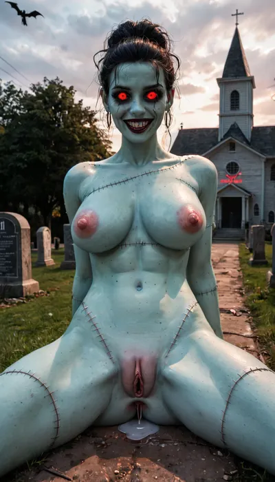 A frame from the 80s movie, wide sinister smile, evil smile, beautiful nude Frankenstein girl bound at the cemetery, hardcore, stocky bodyshape, wide hips, (girl has very pale green-blue skin:1.2), (Stitched body parts:1.2), stitches on limbs, (very high black hair with white colored curls hairstyle:1.2), (huge fake boobs with large nipples:1.3), torn dress, huge swollen labia, huge swollen puckered anus, wet holes, stretched holes, love juices, bound, chained, raped by zombie, anal penetration, fucked at the cemetery, tortured, crosses, church, (Zombie Apocalypse:1), night of the living dead, Cinematic colored lighting, heavy lightnings, red neon light, storm, 80s horror movie style, (retrowave:1.2), uhd, film-like grain, best quality, sharp focus, ZipRealism, evil, villain, <lora:add-detail-xl:1.4>, <lora:evil_villain:1>