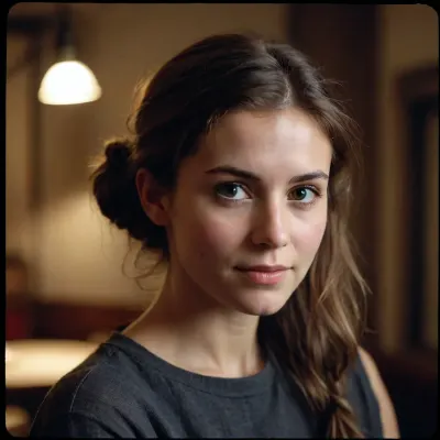 1990sanalogphoto, raw, light, leak, <lora:1990sAnalogStyle:.8>, very dark room, poor lighting, face obscured in the dark, film grain, german woman, shy smile, brunette hair, tied hair behind head, very dense hair