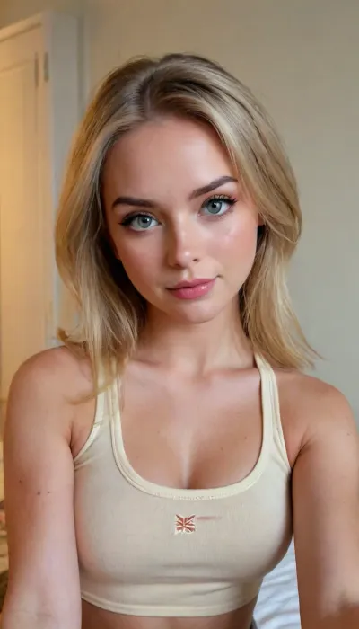 ziprealism, (sexy woman, playful girlfriend, mischievous smirk, smug), (cozy bedroom, dorm eoom, playful pose, bright athletic top:1.6), (natural perky breasts, trim waist, full lips, glossy lips, athletic body, muscular shoulders, muscular arms), (focus on lips, amateur snapshot esthetic, medium closeup portrait, Dutch Angles), (vibrant wheat blonde hair, hair with dark coppery roots:1.4), (large doe eyes, expressive eyes, long eyelashes, subtle natural makeup), shallow depth of field, bokeh, igbaddie, (perfecteyes, perfect eyes, stunning blue eyes), <lora:igbaddie-XL:.4>, <lora:add-detail-xl:.8>