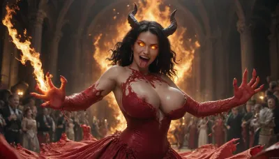 Asian demoness wearing a red dress made of red slime, mouth open showing her razor sharp spiky teeth, dragon hands, long tongue, blood covered horns, long straight flaming black hair, massive breasts, in a burning flaming castle ballroom, dancing, party, flame eyes, (glowing eyes:2)