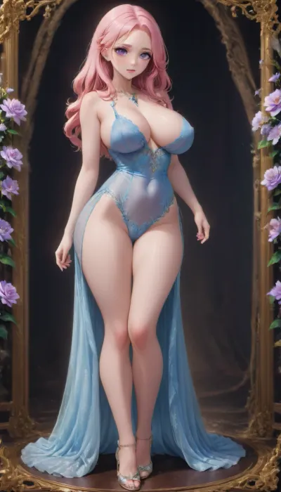 Beautiful young woman, 19 years old, long pink hair, purple eyes, very big breasts, small waist, big butt, wearing blue Lace underwear, thin and transparent, full body visible