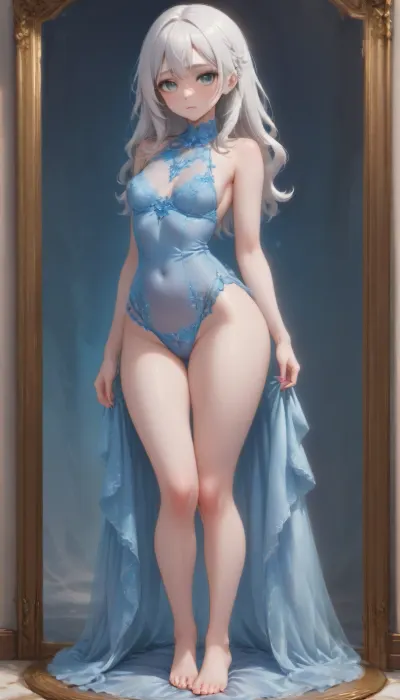 Beautiful young woman, 19 years old, long white hair, grey eyes, small breasts, small waist, big butt, wearing blue Lace underwear, thin and transparent, full body visible