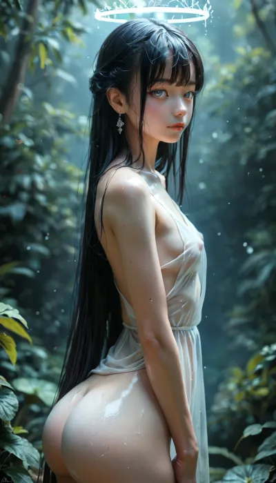 Rating_explicit, ethereal fantasy photography, (score_9, score_8_up, sharp focus, masterpiece, perfect eyes), young face, (young adult:1.5), (young:1.5), high resolution, perfect limbs, anatomically accurate, Super realistic, perfect lighting, (best shadow), 8K, UHD, clear image, (best lighting), highest quality, ultra-detailed images, Japanese, Incredibly beautiful girl naked, (bangs messy long black hair), (very long hair), realistic Japanese face, (Japanese girl Naked), cute face, (grey eyes), skinny, (white skin), (glossy skin), (((thick))), ((round ass, thick waist, big butt)), ((small_breasts)), flat, chested, big waist, (Shapely body), wide hips, perfect skin, perfect face, seductive pose, (her face and expression showing a mix of submission and ecstasy and exhaustion), ((half open eyes)), (lustful face), luscious sensual lips, natural beauty, eternal beauty, ((see-through fabric)), perfect anatomical body, transparent dress that gently flows around her, capturing the ethereal glow of the light. The scene is set in a serene, minimalist environment, where the focus is on the interplay of light and shadow. The soft illumination creates a halo effect around, highlighting the intricate details and adding a sense of mystery and elegance to the composition, ((from side)), close-up, Legacy lighting, bright 1-alpha .5>, lora, quality, SDXL_BetterFaces-LoRA_v1, .5>, <lora:lora-sdxl-perfect-eyes:.8>, <lora:reallora1:.5>, <lora:Oxygen girl_SDXL1.0:.5>, <lora:MJ52:.8>, <lora:BUT_SDXL_SHS:.8>