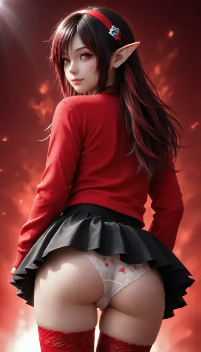 miside, mita, (miside), kind mita, (chubby:-2), 1girl, ass, bent over, blue skirt, blush, print panties, doll, game controller, white panties, strawberry print, hair ornament, hairband, hairclip, holding gamepad, holding game controller, lips, long hair, long sleeves, looking at viewer, looking back, nose blush, purple eyes, purple hair, red hairband, red sweater, red thighhighs, skirt lift, smile, solo, sweat, sweater, thighhighs, back view, cleft of venus, ((Ultimate realistic photo)), (((dynamic sexy pose))), (((bright sunlight))), detailxl, UHD 8K, extreme realism, High skin texture, photorealistic, maximum detail, Gothic girl, cute, charming girl, looking directly at the viewer, a light inviting smile, slender figure, (lace transparent panties), (Elegant elf ears:1.5), beautiful elastic ass, sexy feminine hips, sexy legs, black sexy lace stockings, red glowing pupils, all in black+red shades, (Multicolour Ruby Rose Hairstyle, very long hair), black+red eyes, black+red makeup, black+red jewelry, black+red glowing background, multicolour glossy black+red, flat, chested, F41Arm0rXL, <lora:flat_chested_v3.5:1>, <lora:scarlem:1>, <lora:EnvyZoomSliderXL01:2>, <lora:DetailedEyes_V3:2>, <lora:Fae_Armor_XL-000008:.8>