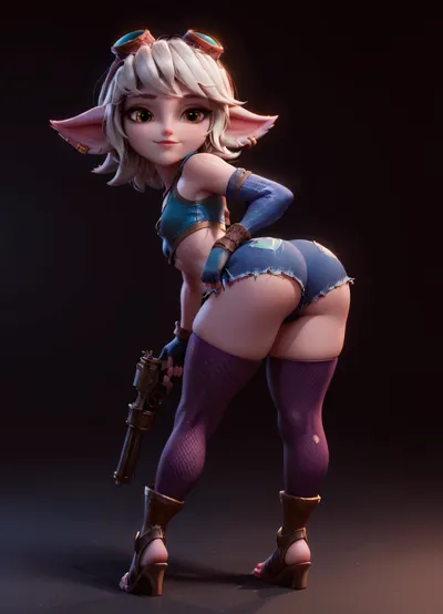 score_9, score_8_up, score_7_up, score_6_up, (detailed face, best quality, masterpiece), (((Tristana /), (league of legends /))), (solo), armor, ass, (bent over), big ass, black thighhighs, breasts, colored skin, crop top, detached sleeves, fingerless gloves, (fishnet fabric), from behind, full body, gloves, goggles, goggles on head, greaves, gun, knee pits, looking at viewer, looking back, medium hair, planted, pointy ears, (purple skin), short hair, short shorts, shorts, small breasts, smile, solo, thick thighs, thighhighs fishnet, thighs, (tiptoes, toeless legwear), white hair, wide hips, yellow eyes, (miniature, short stature, (shortstack)), (((yordle /))), (<lora:princess_xl_v2:1.4>), (Asura Style), big eyes, anime style, (<lora:add-detail-xl:1.5>), (((close up))), concept art, dark theme, low light, (<lora:Concept Art DarkSide Style LoRA_SeaArt Furry XL 1.0:1>), torn pantyhose, head tilt