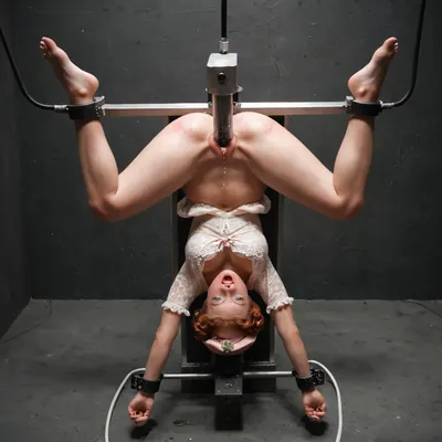 (((Mary Poppins))), (traditional dress), hat, hangs upside down, suspended from outstretched spread feet, many medical electrodes are connected to her body, she screams with pleasure, overwhelming orgasm, xcross, from, front, behind, metal, steel, iron, chrome, tied, smachine, restrained, bound, bdsm, vaginal, object, insertion, outstretched, arms, cowboy, shot, dildo, sex, machine, sex-machine, squirting, Stocks, Pose, Cuffs, on, Ankles, and, thigh, Wrists, busted, breasts, ass, whip, marks, in a futuristic setting, display, control panel, <lora:BondageXcrossV1--In Stocks Pose:.6>