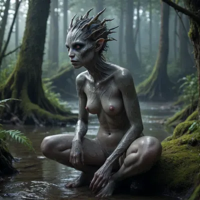 The scene is made on the ocean shore with vegetation in the style of dark fantasy-a dystopia with a very detailed and atmospheric environment. The world in the water is magically infected with glowing anomalies, perverted nature, and the remnants of vanished civilizations. The light is unnatural, casting eerie shadows . Creature sexy girl and characters \ \ mystical, hybrid, animal-like anthropomorphic creatures with dangerous or wild traits. The art style combines elements of medieval fantasy., sitting, squating, looking, down, look, at, the, viewer, from, below, <lora:pose squating-000006:.8>