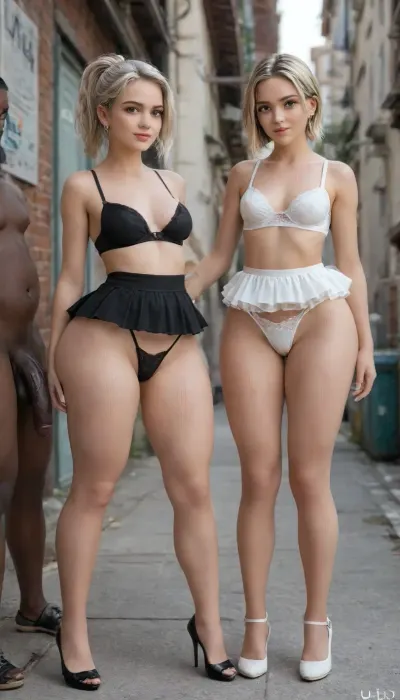 (Uhd:3), 2 girls, 18, year, very real, realism, high quality, ((2 cute very petite girls)), (Very petite:2), ((small slim body)), (((massive ass))), ((short torso)), ashe from overwatch, ashe big ass, and litlle caprice, (young adult:2), ((cute face)), marinette from miraculous ladybug, blonde hair, high ponytail, hair fringe, perfect skin, super extremely beautiful face, blush, (big breasts:1.4), freckles, full lips, thick lips, ultra high details, looking at viewer, award winning photo, hips, super waist, perfect anatomic body, standing, (wet panties, bra, wet string panties), erect nipples, minidress, (puffier), (excessive pronounced puffy swollen labia:1.3), (cameltoe:1), relaxed, mini, dress, alley standing sex, ((4 huge black interracial cock:1.6)), ((cocks cum)), small fresh pussy, ((wearing a stylish leggins that highlights her figure, intricate details on her face and outfit)), (black, leggins, transparent, panties, mini skirt), happy smile, teeth, (overwatch symbol background), Dollblush1, kk_sexydress, Flamingo-800sk, High, heels, Sneaker, Stripper, <lora:Dollblush1:.5>, <lora:kksexy:.5>, <lora:BT_Relaxed_Mini_Dress_XL:.7>, <lora:Pleaser_flamingo-800sk_red-000017:2>