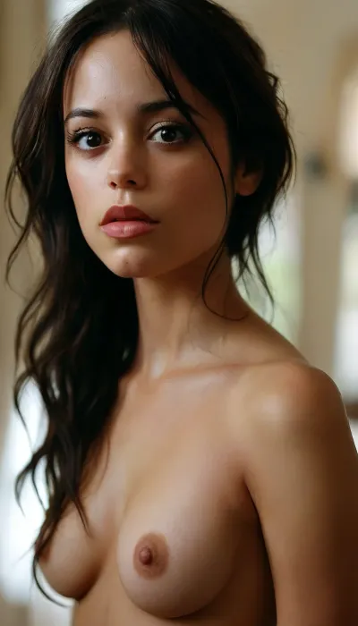 The image shows a 35 yo young woman with long, very long dark brown hair, parted in the middle and falling down to her shoulders. She has an olive complexion. She has dark, expressive, large eyes, a slightly curved nose, and full, neutral-shaped lips. Her features are soft and feminine. She has a slender, athletic build and a straight posture. w3dnesday, ohwx, woman, <lora:w3dnesday_100:.8>, <lora:MJ52:.8>, <lora:ortega_sdxxxl_dh128_v1:.8>