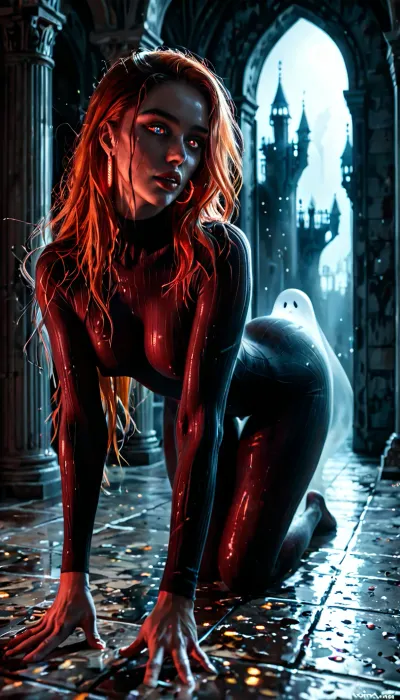 (Erotic photography by Hegre in the style of Met-art:1.5), Analog film photography, masterpiece, bokeh, (vfx compositing:1.5), (award winning Visual effects photo:1.5), KodakColor 100 film, shot on 50mm lens at f/2.0 aperture, (massive ghost having sex with solo girl), flat-chested, (on all fours with legs slightly spread:1.4), (hands on the floor:1.2), massive veining, (ribbed ghost cock penetrating pussy:1.4), passionate ghost sex, wet skin, all the way, moaning, big pussy juices, (long sleeve tight bodystocking:1.3), athletic body, blue eyes, ginger hair, long hair, extremely beautiful face, very detailed, (ghost opens its mouth and shows its sharp teeth:1.3), (The scene is in the surroundings of an ancient castle:1.4), (orgy with terrifying female ghosts and other creatures of the night:1.5), (ghosts are hiding in all possible corners of the great hall, watching the scene:1.4), (The atmosphere is frightening and arousing at the same time:1), (full body view:1.4), (background glow softly in neon red and pink:1.5), ethereal fantasy photography, (sharp focus, masterpiece, perfect eyes), (young adult:1.1), high resolution, perfect limbs, anatomically accurate, Super realistic, perfect lighting, (best shadow), UHD, clear image, (best lighting), highest quality, ultra-detailed images, (long ginger hair), ((glossy skin:1.2)), ((Curvy)), ((huge hip, thicc thighs)), ((small_breasts)), flat, chested, big waist, (Shapely body), wide hips, seductive pose, (her face and expression showing a mix of submission and ecstasy and exhaustion), big round athletic ass, ((half open eyes)), (lustful face), luscious sensual lips, (masterpiece), (ultra-detailed), cinematic, low-key lighting, high contrast shadows, chiaroscuro, cinematic effect, (perfect hands), piercing, ultra details, grim, drkms, Minimalistic dark chiaroscuro lighting and creates a dramatic effect, (dark background), (chiaroscuro lighting:.5), ​Moody, mysterious, magical, vintage photography, blacklight, <lora:MJ52:1.5>, <lora:DarkGrimFantasyXL-000004:1.8>, <lora:LCMTurboMix_Euler_A_fix:2>, <lora:blacklight_makeup_v2:1.3>, <lora:RM_Niji_v1.0_bf16:1.8>