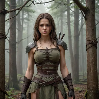 A girl in a tattered medieval tunic of coarse linen, with frayed edges and traces of dirt, stands in an iron cage that resembles an animal enclosure. Her hair is disheveled, her eyes are fearfully defiant, and her fingers are gripping the bars as if she's trying to defend herself. The cage is surrounded by a misty forest thicket, rusty spikes on the bars and shadows from the branches add to the sense of confinement. There are two hunters around, men in worn leather armor, daggers on their belts and crossbows on their backs. Their postures are aggressive — one is leaning toward the cage, grinning, his hand reaching for the lock, the other is half-turned, eyeing the captive with carnivorous interest. The hunters ' faces are a mixture of cruelty and lustful curiosity, narrowed eyes, stiff neck muscles, greasy grins. **Details to draw, **, **Textures, ** focus on the frayed fabric of the tunic, the gleam of the metal of the cage, the roughness of the tree bark in the background., **Lighting, ** the dim moonlight filtering through the fog creates sharp shadows on the hunters ' faces and glare on their weapons., **Emotions, ** fear and resistance in the girl's eyes, contrasting with the predatory passion of men., **Environment details, ** moss on the ground, broken branches underfoot, cobwebs in the corners of the cage. — * * Colors, ** a muted palette, (gray-green tones of the forest, dark brown leather of armor), with an emphasis on the pallor of the girl's skin and bloody reflections on metal. — * * Composition, ** a bottom view that highlights the threatening position of the hunters, a light haze for an atmosphere of alarm. **Technical instructions, ** Use ultra-detailed rendering for the characters ' faces and hands, 8K texture resolution for rendering small elements, (such as scratches on bars), and dynamic lighting with soft shadows. Add a motion blur to the background to focus your attention on the cell. * Restriction, The description does not contain explicit scenes of violence, but implies a tense atmosphere.*, fantasy, scaled, humanoid, 4ng3l, face, <lora:add-detail-xl:.5>, <lora:SDXL_BetterFaces-LoRA_v1:.5>, <lora:EnvyDesireXL01:.8>