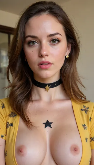 A young woman with long brown hair, parted lips, and a black choker adorned with a star, gazes directly at the viewer. She wears a yellow shirt with a floral print, tied at the front, revealing her large breasts. Her nipples are prominent and her breasts are veiny, with visible veins. She has a shadow on her face and her eyes are slightly narrowed. Her lips are slightly parted, and she wears star earrings. The background is dimly lit, with a framed picture on the wall., (1girl, solo, long hair, breasts, looking at viewer, shirt, large breasts, brown hair, jewelry, nipples, collarbone, upper body, earrings, parted lips, choker, indoors, star \, (symbol\), , , lips, black choker, shadow, no bra, floral print, denim, breasts out, front-tie top, forehead, veins, freckles, yellow shirt, breast hold, nose, selfie, tied shirt, grabbing own breast, star earrings, breast lift, veiny breasts, body freckles:.5), masterwork, masterpiece, best quality, detailed, depth of field, high detail, very aesthetic, 8k, dynamic pose, dynamic angle, adult, aged up