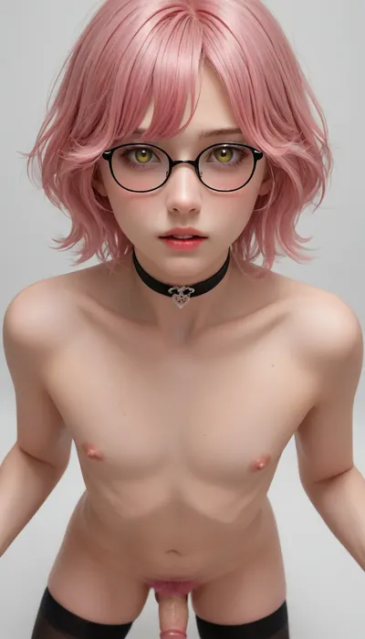 (the seven deadly sins), gowther, blush, choker, collarbone, colored pubic hair, crossdressing, erection, fingernails, flaccid, glasses, male focus, male pubic hair, nipples, parted lips, penis, pink hair, pink pubic hair, pubic hair, teeth, thighhighs, trap, veiny penis, white background, yaoi, yellow eyes
