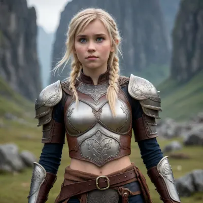 Beautiful Viking blonde girl, (Astrid from how to train your dragon), 18yo with petite body, (full body wiew), sexy outfit