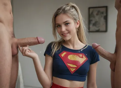 ((woman 20 years old)), cheeky smile, ((high detailed skin)), high quality, detailed skin texture, (highly detailed blonde, long and messy hair with ponytail), ((skinny body)), ((slim body)), (realistic), soft focus, insanely detailed, highest quality, ((dark blue shirt with supergirl symbol, red skirt)), naked waist, Swedish woman, dyed hair, blowjob, woman on her knees and holding tightly one cock, man standing in front of woman, bukkake, dp, cocks_cuming, cum, woman sucking cocks, woman sex face, woman exited face, cum_face, cum at her mouth, at strip club in flames