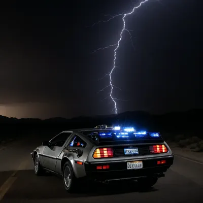 DeLorean from BTTF, (Back to the Future), Night, Dark Sky, Road in Desert, Real Road, Lights of DeLorean, (Travel Time Effects, Driving to 88mph, Driving Effects, Blue Lights on Components Located on the Side of the DeLorean, ((Blue Flash, Blue Flashes from the DeLorean, Blue Fire Flashes, Lightning Flashes all Around the DeLorean))), Marty McFly Sits in the DeLorean and Drives it, Side View from Below, <lora:dark:.5>