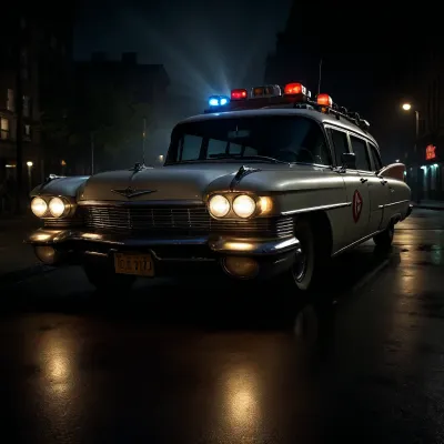 Ecto-1 from Ghostbusters, (Ghostbusters), Night, Dark Sky, Street of New York, Dark Streets, Lights of Cadillac Miller-Meteor Sentine of 1959, Limo-Style Endloader Combination Car, (Driving Effects, Flashing Lights are On, Flashing Lights Effects, Speed Effects), Side View from Below, <lora:dark:.5>