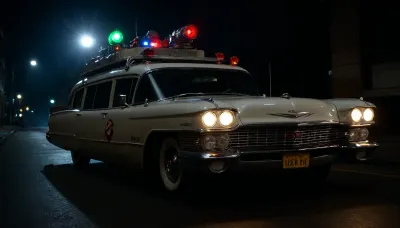 Ecto-1 from Ghostbusters, (Ghostbusters), Night, Dark Sky, Street of New York, Dark Streets, Lights of Cadillac Miller-Meteor Sentine of 1959, Limo-Style Endloader Combination Car, (Driving Effects, Flashing Lights are On, Flashing Lights Effects, Speed Effects), Side View from Below, <lora:dark:.5>
