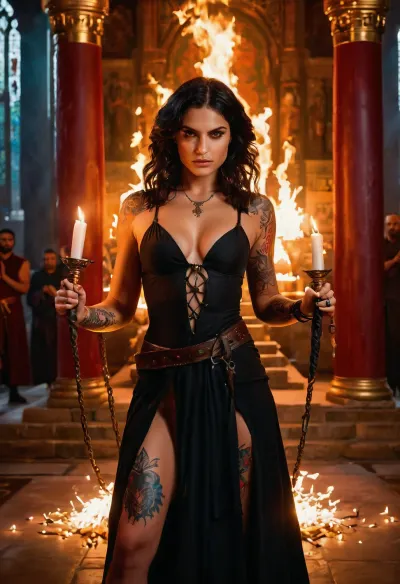 (anya Chalotra), as Yennefer of Vengerberg dressed in robes, ((1 petite girl:1.1)), ((full body glowing tattoos)), (((in magical combat with many opponents))), semi-clad, (supermodel vogue face), unhinged & worshipping the devil, ((red eyes)), ((altar in a temple)), chains, surrounded by candles, (intense color saturation), ((dynamic and emotive stance)), (her face filled with spite, hate, anger, petulance schadenfreude), (happy face), tattoos, (((power and magic sparking and glowing around her:1.4))), ((real life professional photographic image)), swinging her magic staff, cinematic lighting, realistic, sharp focus, very detailed, depth of field, High contrast, shadows, bokeh, (detailed skin), film photography, vintage, perfect body, 4K HQ, 8K HDR, raw, professional photography, masterpiece, ultra detailed photograph, high quality, 8k, fine details, extremely detailed, 8K, award-winning photo, hyper-real, natural beauty, cinematic shot, dynamic lighting, 75mm, Technicolor, Panavision, cinemascope, HDR, realism, key visual, film still, superb cinematic color grading, dramatic angle, extreme angle shot