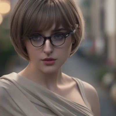1girl Europian girl, looking at viewer, Full body view, 3D, realistic, a small delicate nose, soft rounded facial features, (but not chubby), large breasts, tight cropped top, short gray skirt brown natural hair, Warm eyes behind delicate glasses, messy shaggy Bob haircut, draped clothes, erect nipples, masterpiece, best quality, 8k, detailed skin texture, detailed cloth texture, beautiful detailed face, intricate details, ultra detailed, rim lighting, side lighting, cinematic light, ultra high res, 8k uhd, film grain, best shadow, delicate, RAW, <lora:hipoly_3dcg_v7-epoch-000012:.5>