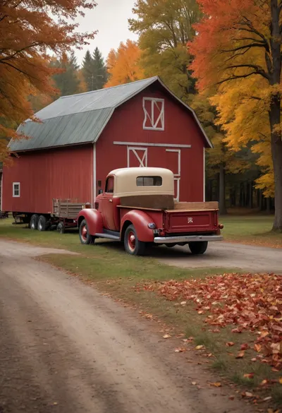 masterpiece, full color image, 8K quality, 8k uhd, red barn, autumn, 1930s beige pickup truck with flatbed trailer