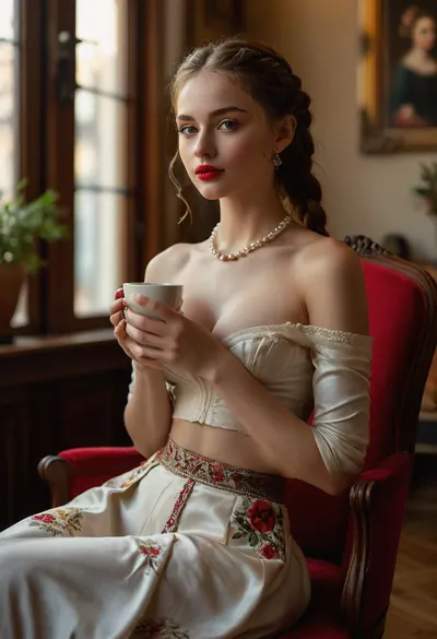 (masterpiece, best quality, ultra-detailed, photorealistic, HDR, vivid colors), stunning young Czech woman named Karolina, about 18 years old, strikingly beautiful and delicate face with fine, soft features, very large almond-shaped light hazel eyes, long dark lashes, perfectly arched thin brows, porcelain clear skin with a hint of blush, small elegant nose, high cheekbones, plump heart-shaped lips with bold glossy cherry-red lipstick, wide coquettish smile, extremely long shiny chestnut hair styled in an intricate thick braid wrapped around her head and flowing freely to her waist, original and artistic hairstyle, body is an exaggerated hourglass with very large firm and perky breasts, (large full tight breasts:1.2), ultra-narrow sculpted waist, extremely wide round hips, flat toned stomach, visible navel, wearing an expensive designer off-shoulder white silk crop top with a deep plunging neckline and luxurious embroidery, very short and ultra-tight high-end plaid skirt sitting extremely low on her hips to fully reveal her navel, waist, and upper thighs, showcasing her hourglass shape, sheer ivory thigh-high stockings, black patent leather luxury heels with golden accents, pearl earrings, a fine gold necklace, bold creative makeup with shimmering gold eyeshadow, eyeliner flick, and cherry-red lips, sitting elegantly on a velvet chair in an upscale art café in Prague, surrounded by original paintings and lush plants, sunlight streaming through large windows, cozy artistic interior, perfectly manicured hands gently holding a porcelain coffee cup, graceful slender fingers, five well-defined separated fingers on each hand, <lora:MJ52:1>, <lora:SDXLHighDetail_v6-000005:.8>, <lora:Microwaist_XL_v01:.8>