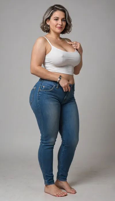 The image depicts a obese, bbw, mature woman, 60 years old, milf, full body view portrait, against a solid black background.
Body and Figure, The bbw woman has a curvaceous and full figure. Her shoulders appear broad, and her arms are chubby. Her waist is cinched, emphasizing the width of her hips and thighs, which are generously proportioned, giving her an hourglass or pear-shaped silhouette.
Breasts, She has a very full bust, with her saggy breasts appearing large and prominent, pushing against the fabric of her top. Her nipples are hard.
Clothes, She is wearing a simple white sleeveless top with wide straps, which appears to be a camisole or tank top. The top is form-fitting, highlighting her bust. Below the top, she is wearing a pair of dark blue denim jeans. The jeans are high-waisted and snug, conforming to her big hips and thighs. On her left wrist, a silver-toned watch with a metal band is visible. She is wearing a diamond wedding ring on her left hand ring finger.
Face and Features, Her face is presented frontally, with a big smile. She has dark hair, styled in a bob or shoulder-length cut, parted on the side, and appearing to have some gray highlights. Her eyes are light-colored, possibly blue or grey, and there is visible makeup around them, including eyeliner and mascara. Her eyebrows are well-defined and dark. Her nose is of average size, and her lips are full and colored with what appears to be a natural or light pink lipstick. Despite the stated age of 60, her skin appears with visible wrinkles. There's a dimple visible on her right cheek.