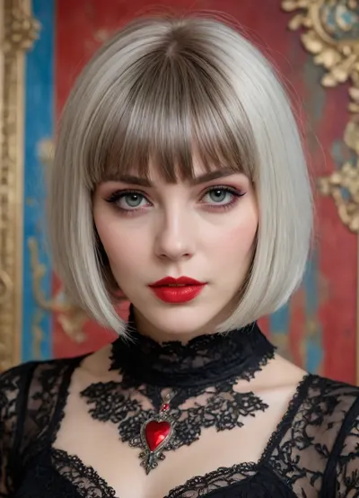 Portrait of a Russian beauty in national costume, silver hair, (bob cut with bangs:1.5), goth girl, goth makeup, red lipstick, cat eye makeup, smudged makeup, extreme detail, 20y.o.pretty face, heart eyes, lace filigree of bright, rich color. Super clear, highly detailed watercolor, glaze technique, plus colored alcohol ink, style of V. Vasnetsov