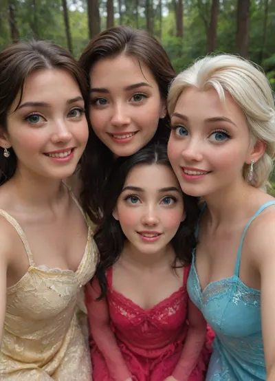 ((3girls)), ((3 disney princess)), (belle from the beauty and the beast film), (mulan), and, (anna from frozen film), close to each other, kneeling on ground, in forest, dressing their own dresses, looking up, facing up, smile, (selfie:1.2), .
