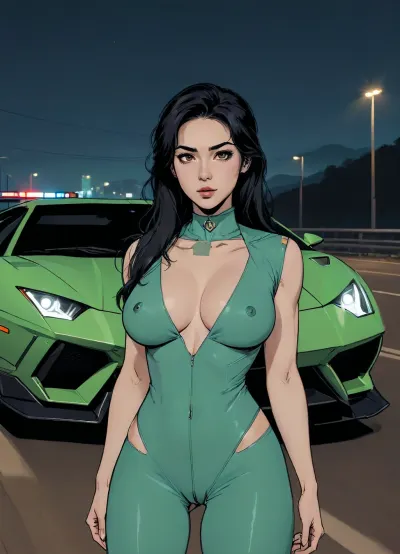 score_9, score_8_up, score_7_up, source_anime, woman posing near police Lamborghini miura, (A detailed anime drawing with clean lines and meticulous shading, flat colors, line art, no gradients, blue and green palette), realistic anatomy, Autobahn, night, moon, detailed face, (Jean, Giraud), lineart, ratatatat74, <lora:outline_xl_kohaku_delta_spv5x:1.1>, <lora:lineartSDXL:.8>, <lora:ratatatat74-000050:.8>