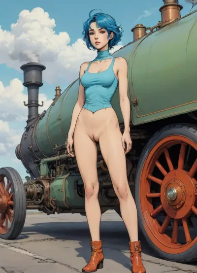 score_9, score_8_up, score_7_up, source_anime, woman standing next to steam powered car, (A detailed anime drawing with clean lines and meticulous shading, flat colors, line art, no gradients, green and blue and orange palette), realistic anatomy, steampunk, Victorian london, fog, myst, clouds, Moebius, detailed face, (Jean, Giraud), page, lineart, <lora:Moebius (Jean Giraud) Style:1>, <lora:outline_xl_kohaku_delta_spv5x:1.1>, <lora:lineartSDXL:.8>