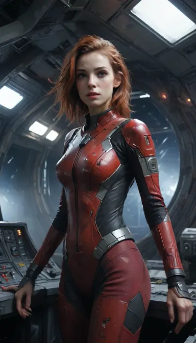 adult women, cute face, (skinny:1.3), full-length, space, spaceship, galaxy, stars, (dirty red dark futuristic suit), spaceship cockpit, instrument panel, planets and star, mouth slightly open, slumber, severe fatigue, smoke, perspiration, melancholy, <lora:oil_and_watercolor_painting:2>