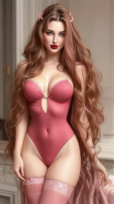 3/4 body shot of a beautiful 18-year-old European woman with long wavy hair, pink lipstick, high stockings, head turned to face the camera, face to the side, bottom, looking down