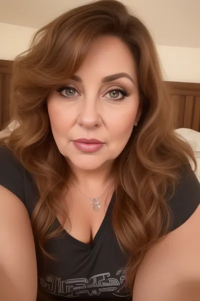 Lubica, (obese:1.1), (mature:1.5), bedroom, 65 years old chubby gilf, sagging, breasts, no, bra, big nipples, hard nipples, (wearing a black lowcut v-neck t-shirt), tan skin, wavy brunette hair with highlights parted in the middle, bangs, (chubby mature face), glamour, cinematic, hyperrealistic, 5k, best quality, (8k, RAW Photo, Highest Quality), (Epic Realism), Hyper Realistic, (Detailed Eyes), (Superior Quality), Intricate Detail, Cinematic, plump lips, contouring makeup, juicy lips, lipstick, Detailed, (film grain length, 135mm, f/2.8, DoF, bokeh, ultra-detailed skin, wrinkles, (perfect light eyes:1.3), intense seductive eye contact, looking at viewer, seductive eyes, skin pores, prominent limbal ring, high-contrast eyes, finely detailed features), (mouth open wide), seductive facial expression, lips parted, teeth showing, wrinkles on face, braless, covered, nipples, <lora:278496_training_data:.5>, <lora:bralessv2:.5>