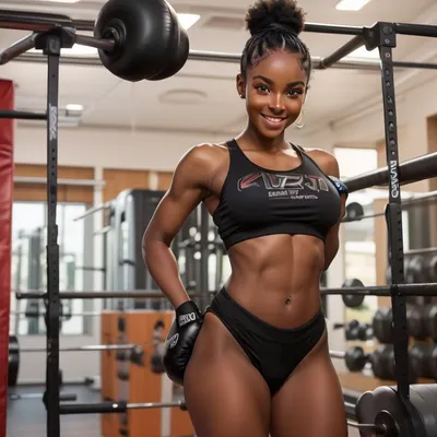 Naked.Cute.Adult. 21 years old ebony woman is doing hard workout at the Gym. muscular body, heavy abs, firm round butts, smile, sweaty body, tiny breast, boxing gloves, two black buns hairstyle